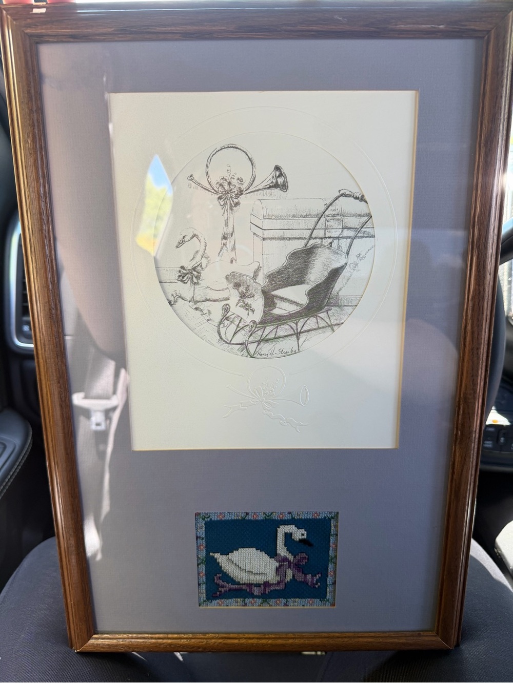 Vintage Framed Swan sketch and Needlepoint Swan